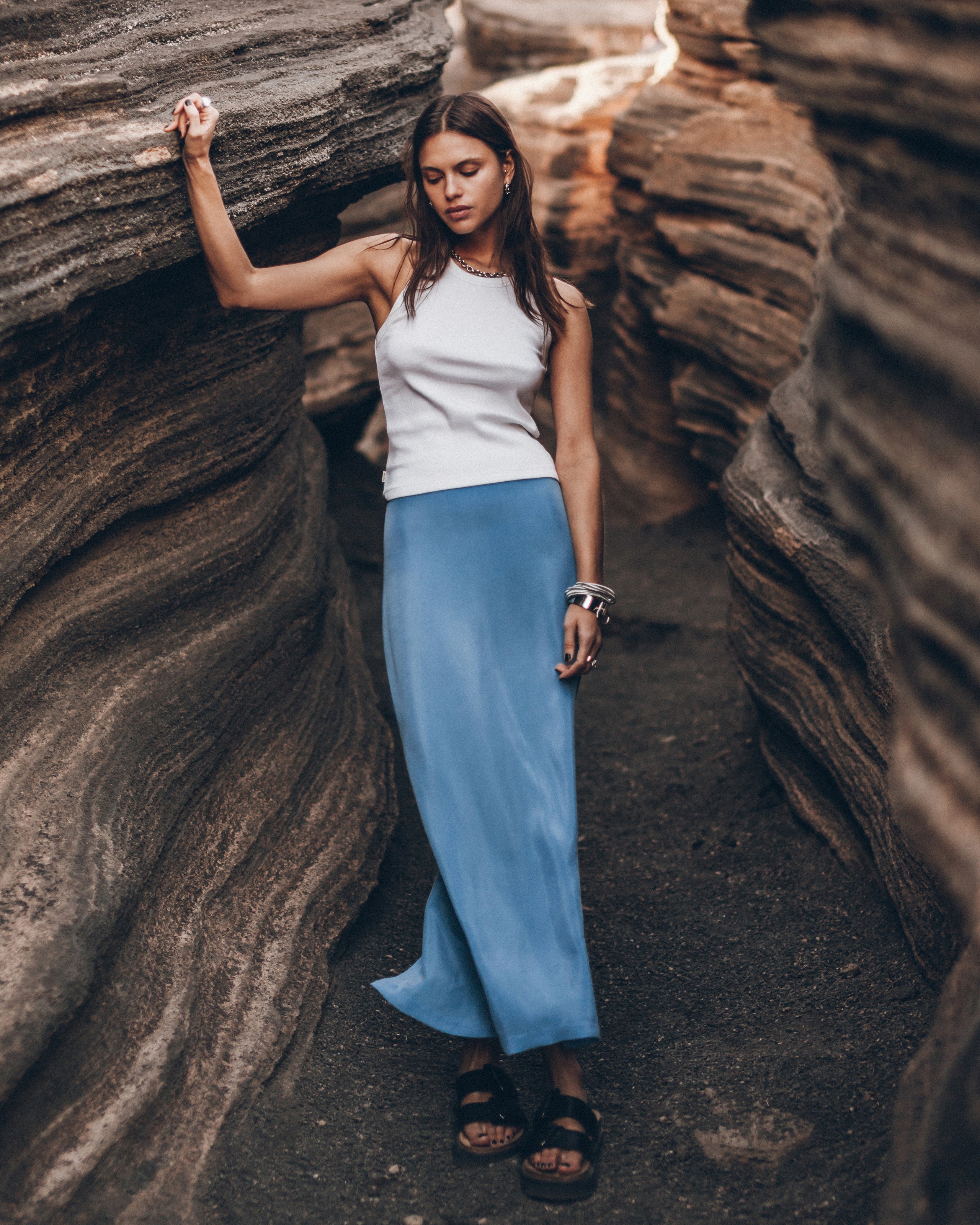 The Blue Long Cupro Slip Skirt