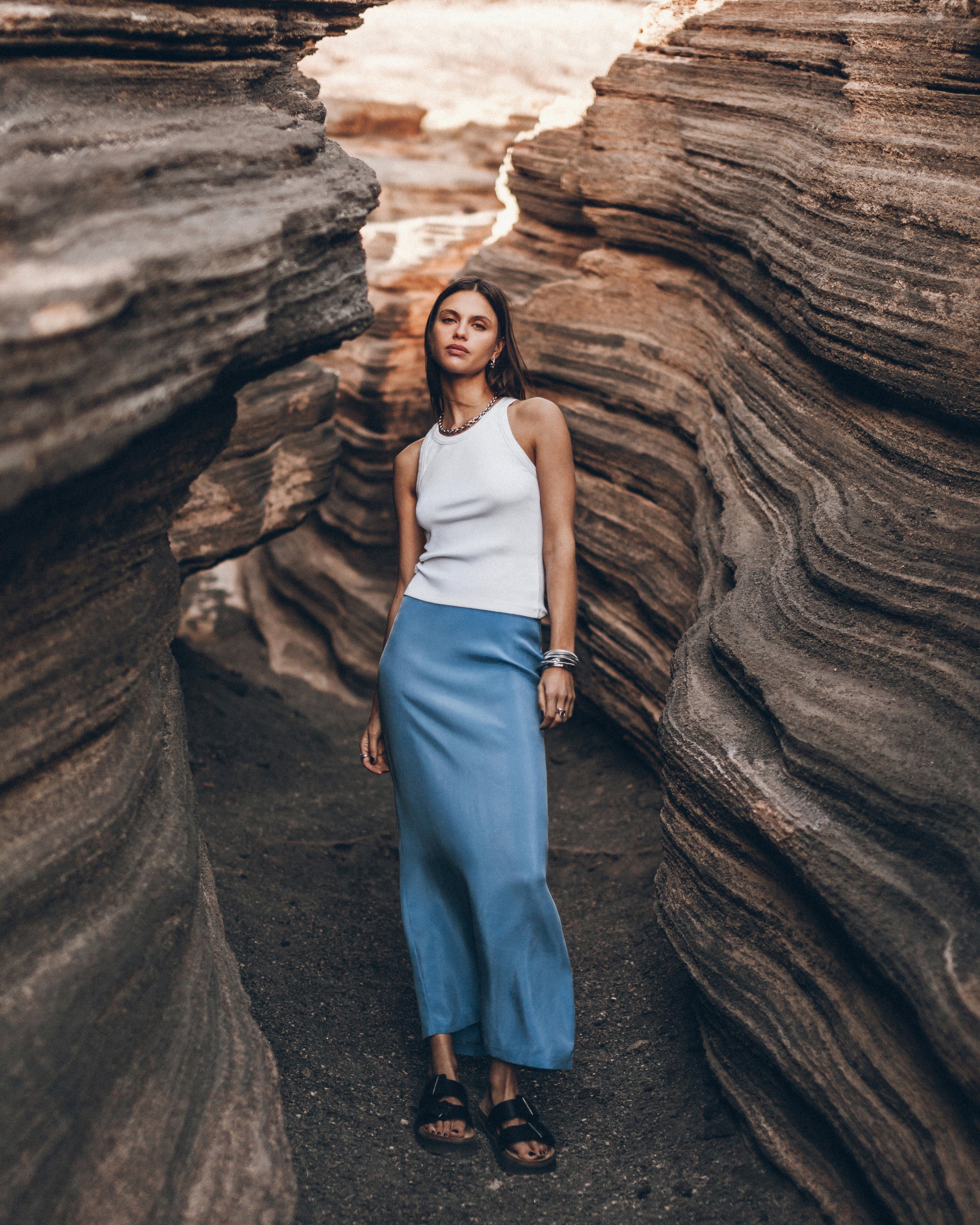 The Blue Long Cupro Slip Skirt