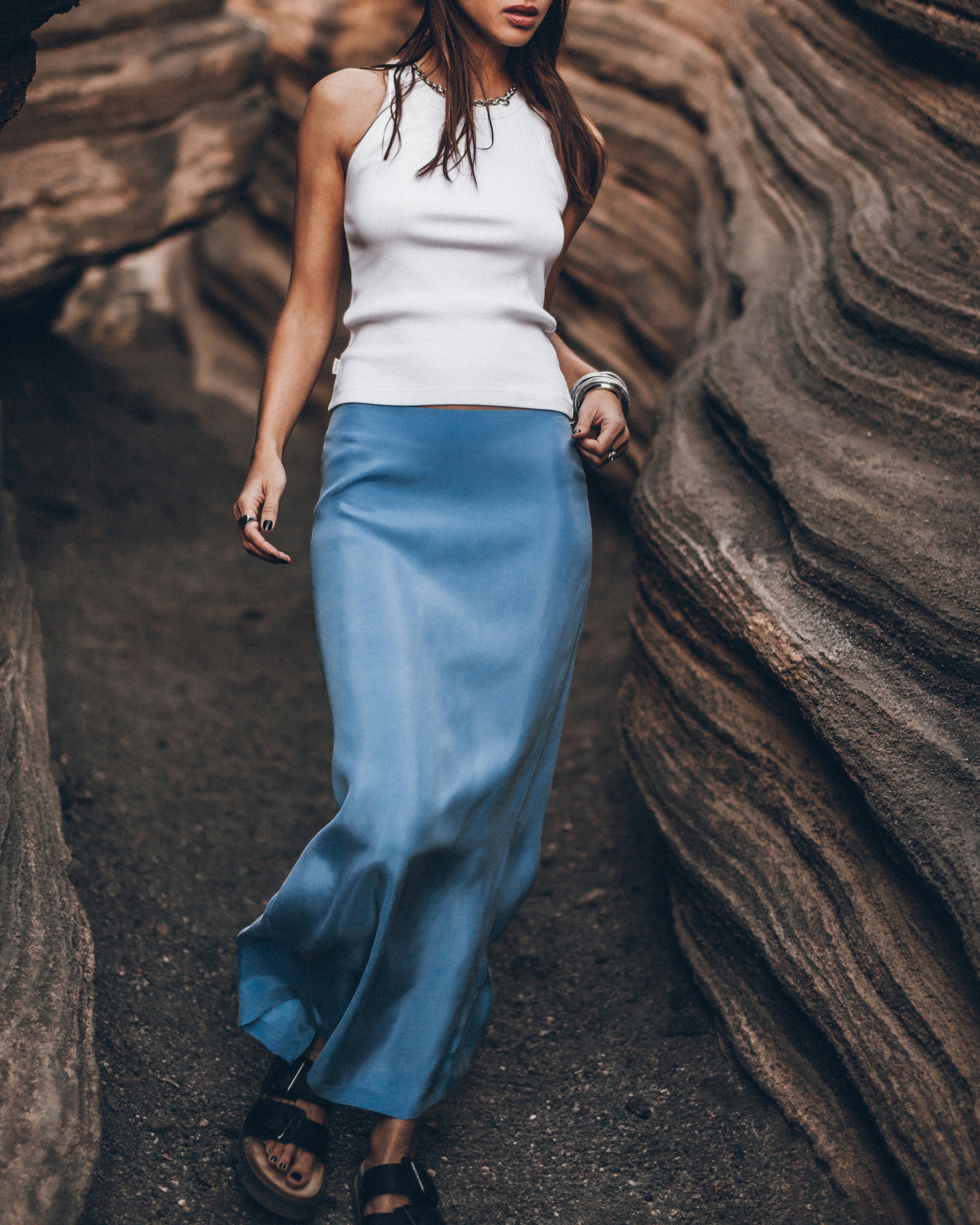 The Blue Long Cupro Slip Skirt